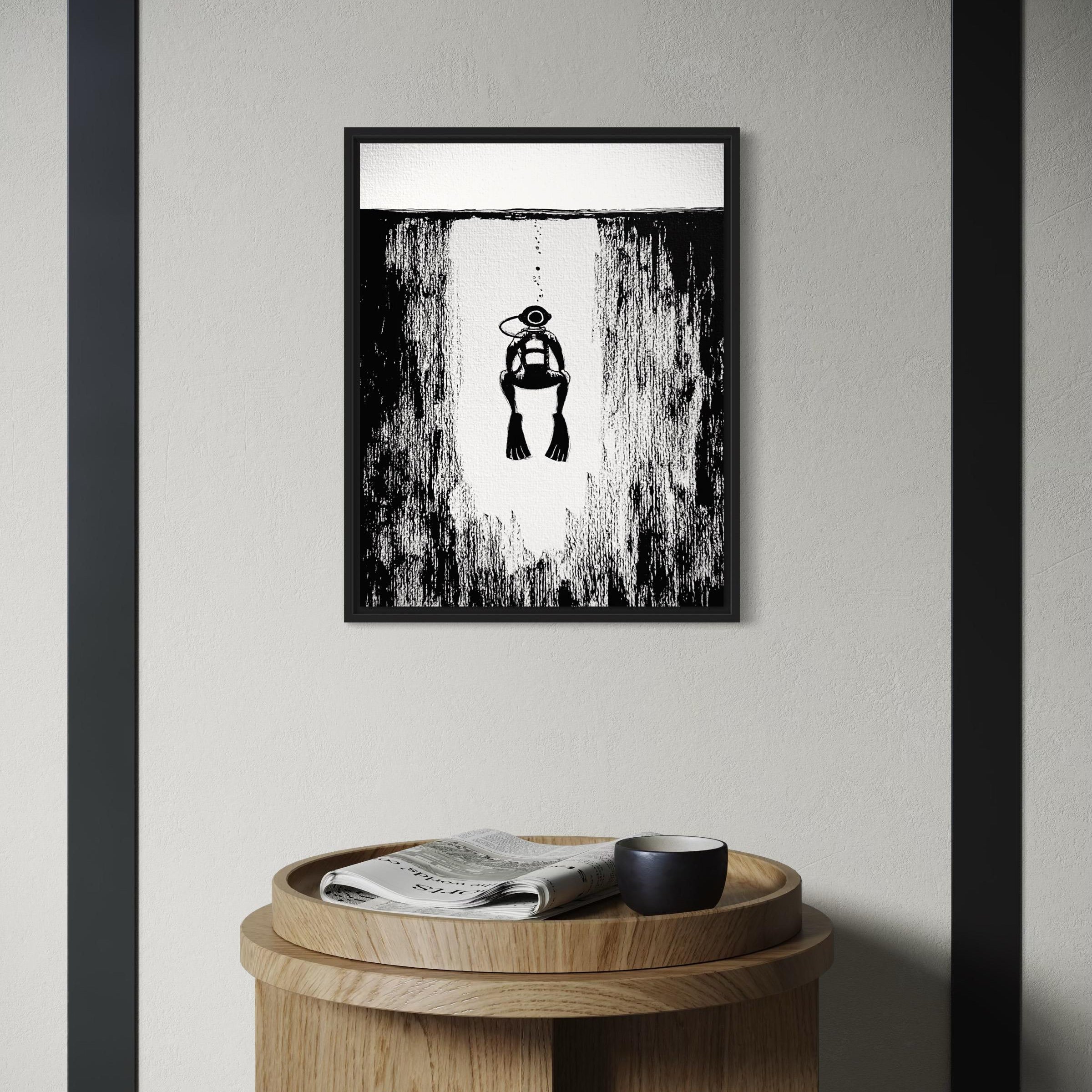 Black and white ink illustration in a frame of a diver ascending from underwater.
