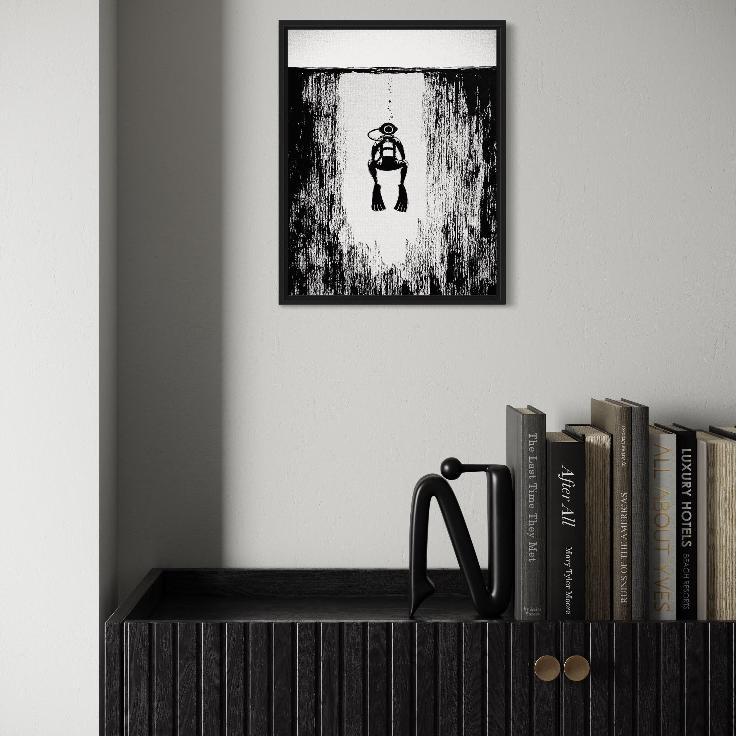 Black and white ink illustration in a frame of a diver ascending from underwater.