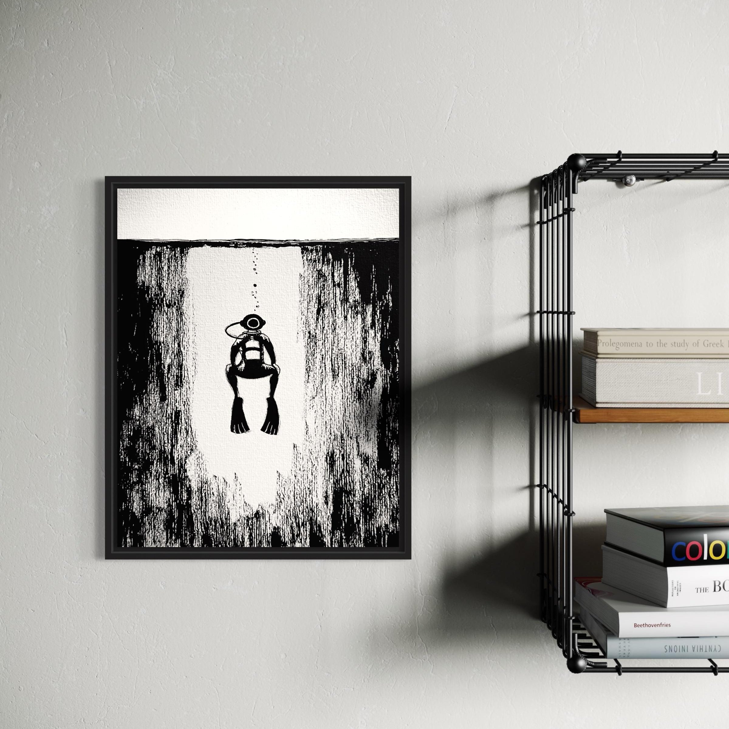 Black and white ink illustration in a frame of a diver ascending from underwater.