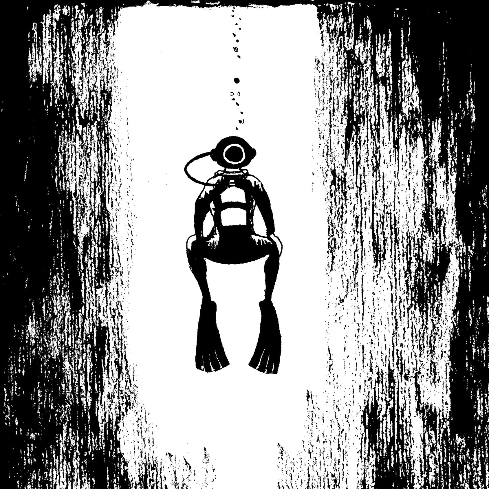Black and white ink illustration of a diver ascending from underwater.