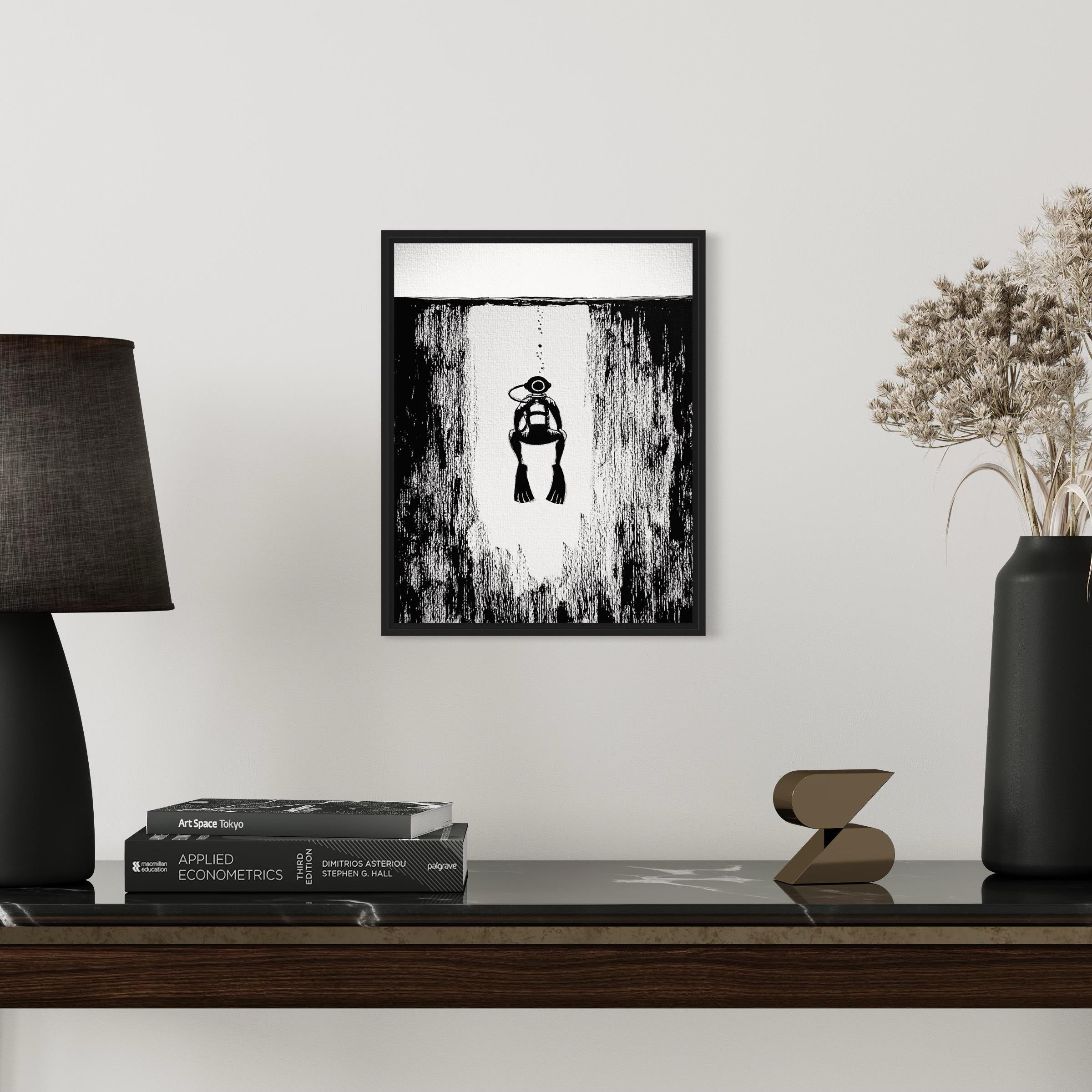 Black and white ink illustration in a frame of a diver ascending from underwater.