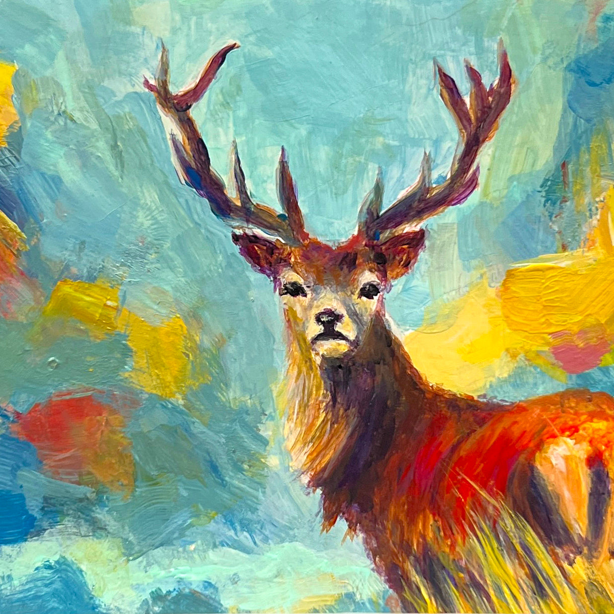 Painting of a deer with large antlers in a colorful landscape