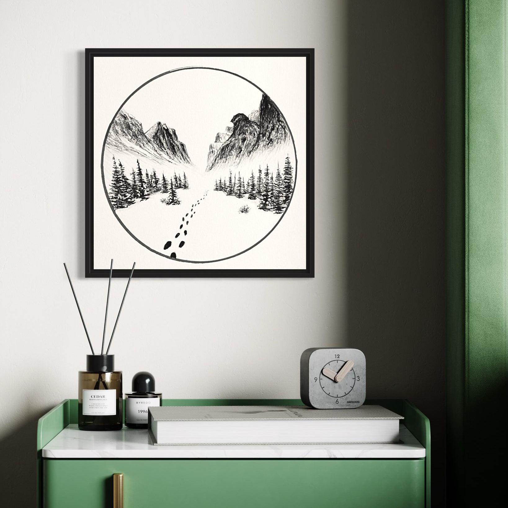 Illustration of a mountain landscape with trees and footprints in the snow, framed by a circle.