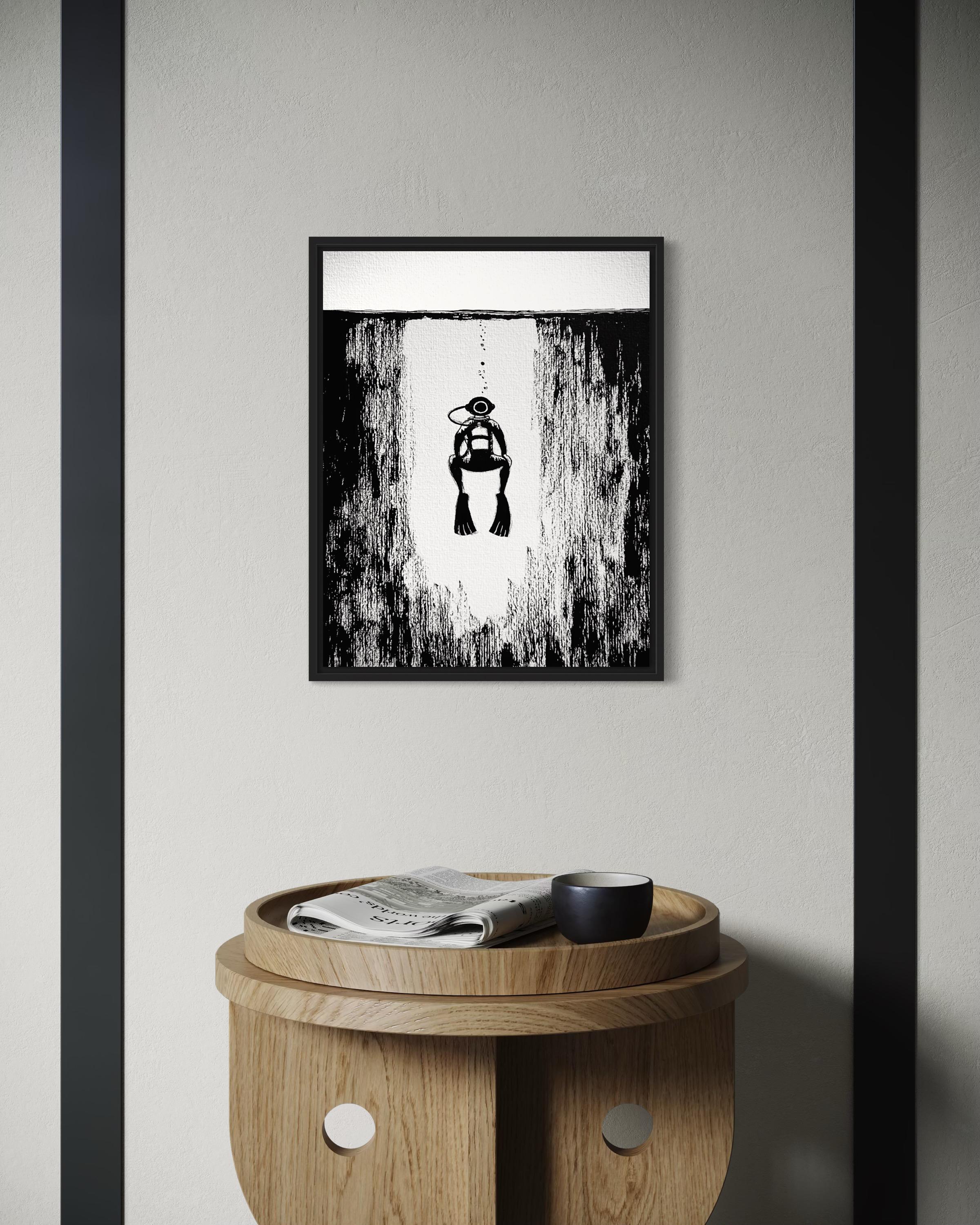 Black and white ink illustration in a frame of a diver ascending from underwater.