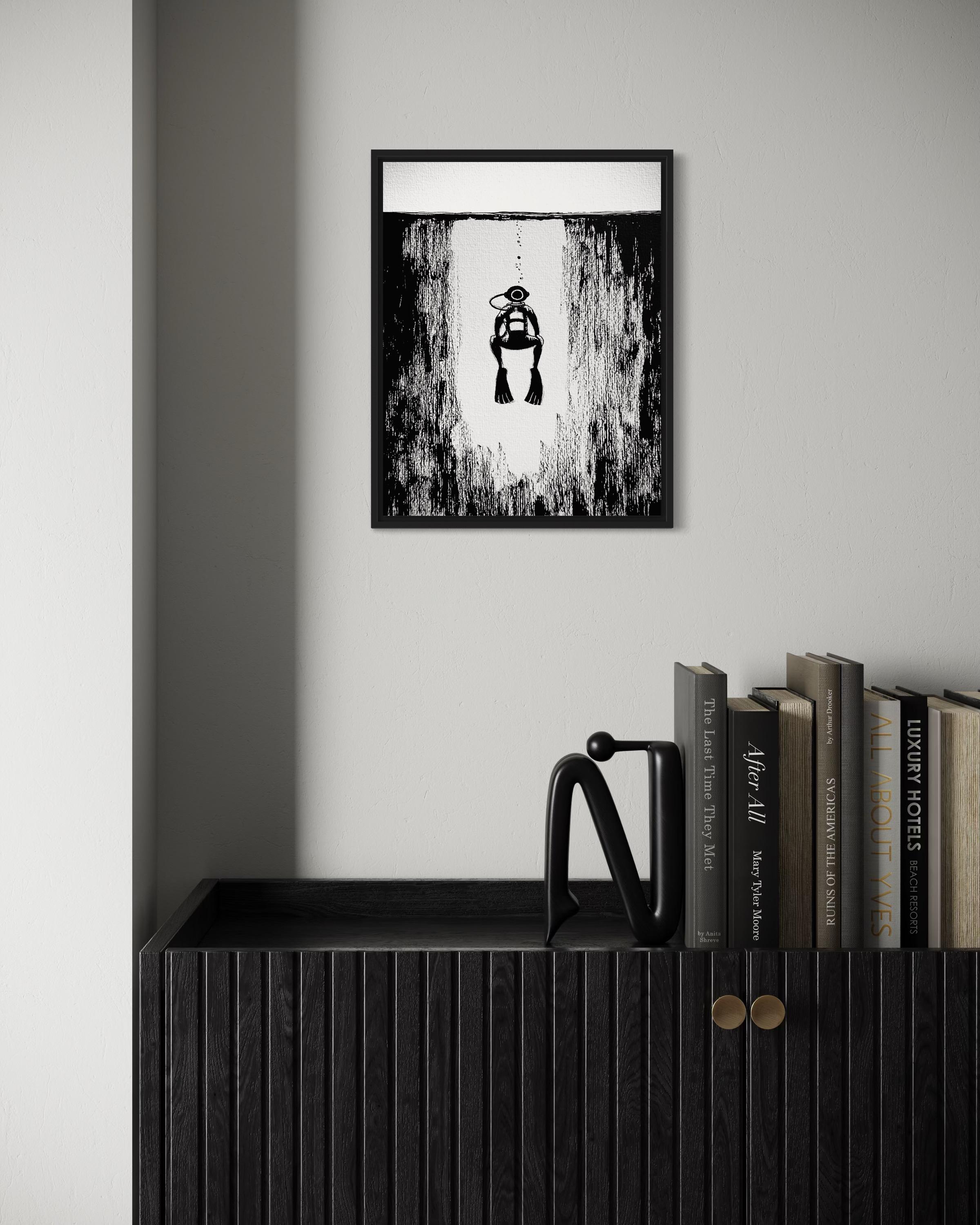 Black and white ink illustration in a frame of a diver ascending from underwater.