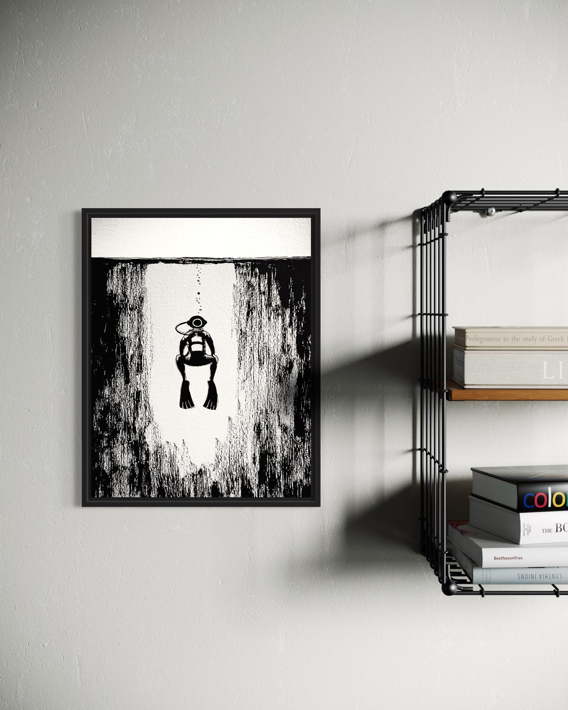 Black and white ink illustration in a frame of a diver ascending from underwater.