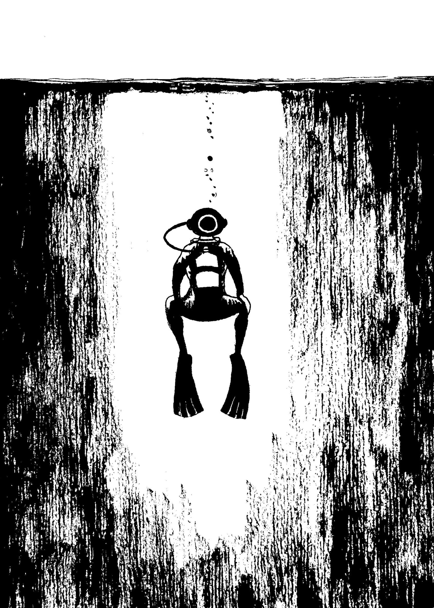 Black and white ink illustration of a diver ascending from underwater.