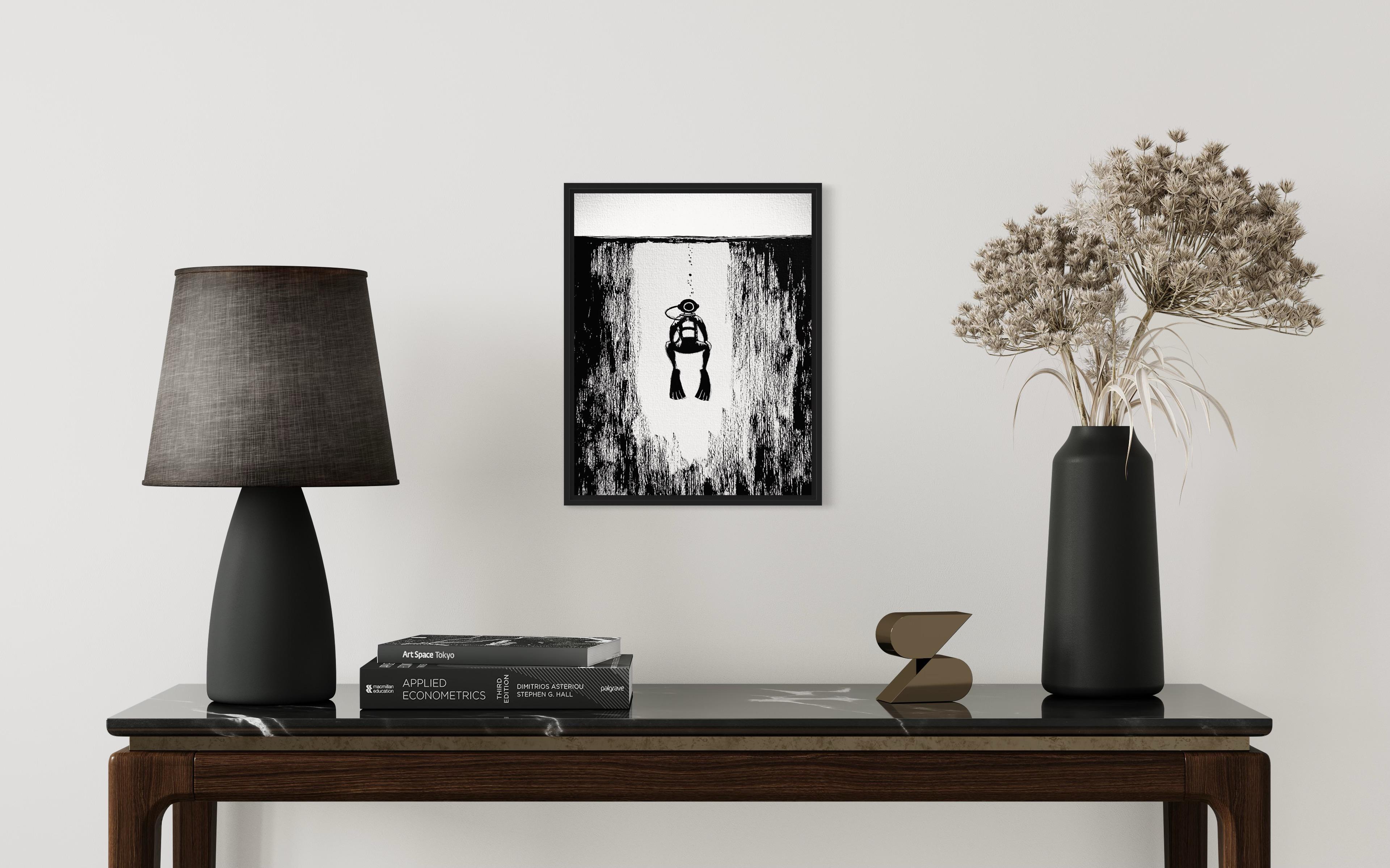 Black and white ink illustration in a frame of a diver ascending from underwater.