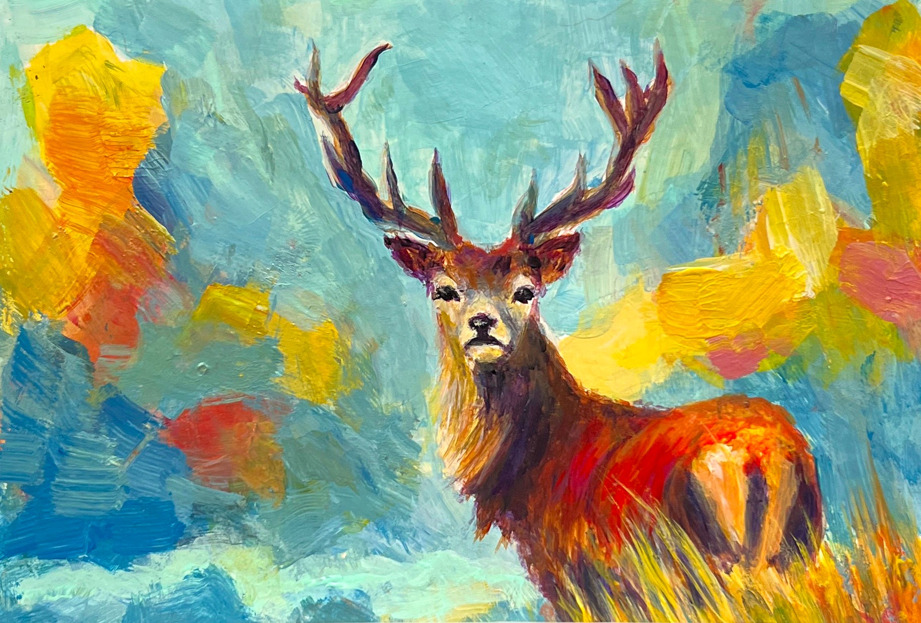 Painting of a deer with large antlers in a colorful landscape