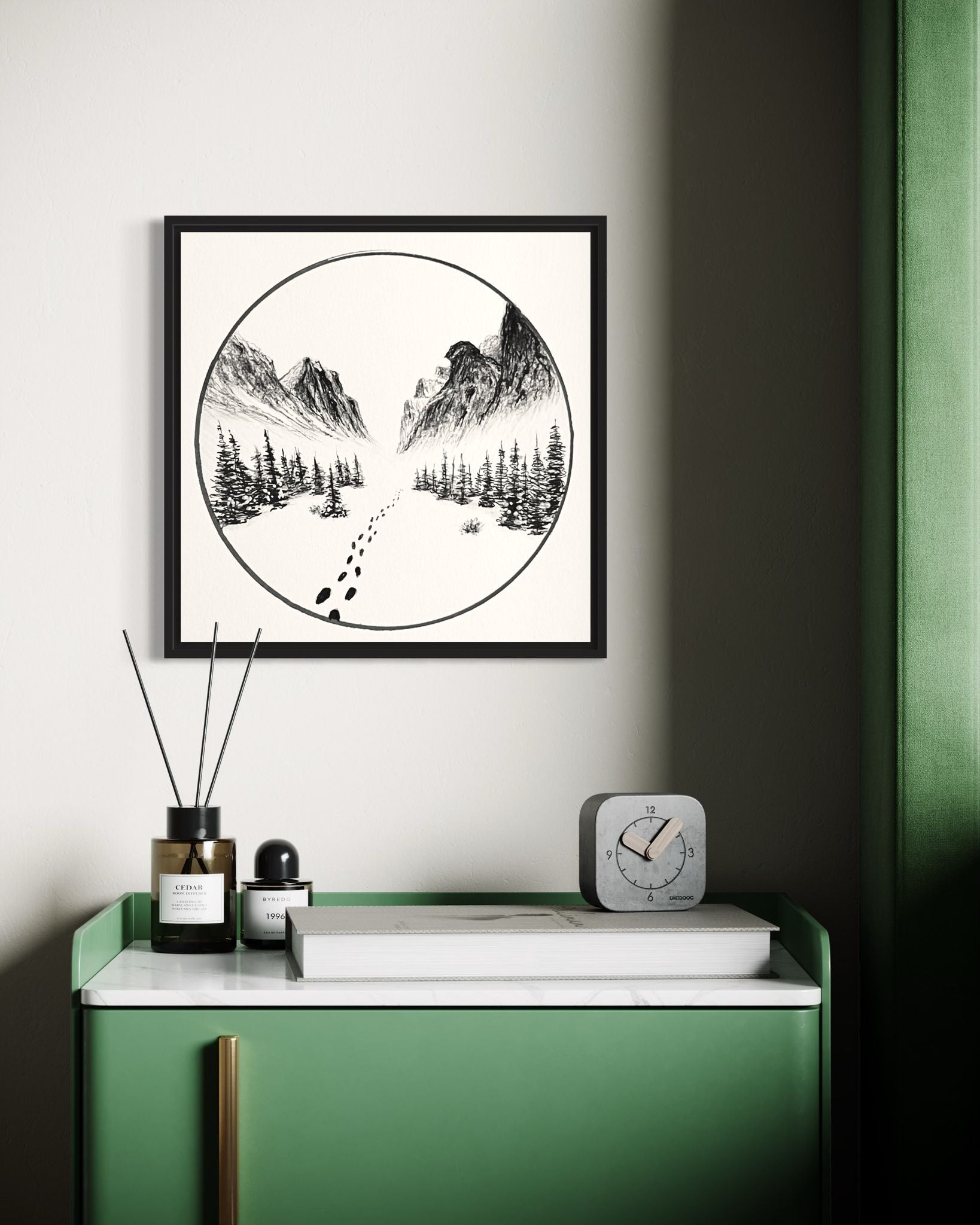 Illustration of a mountain landscape with trees and footprints in the snow, framed by a circle.
