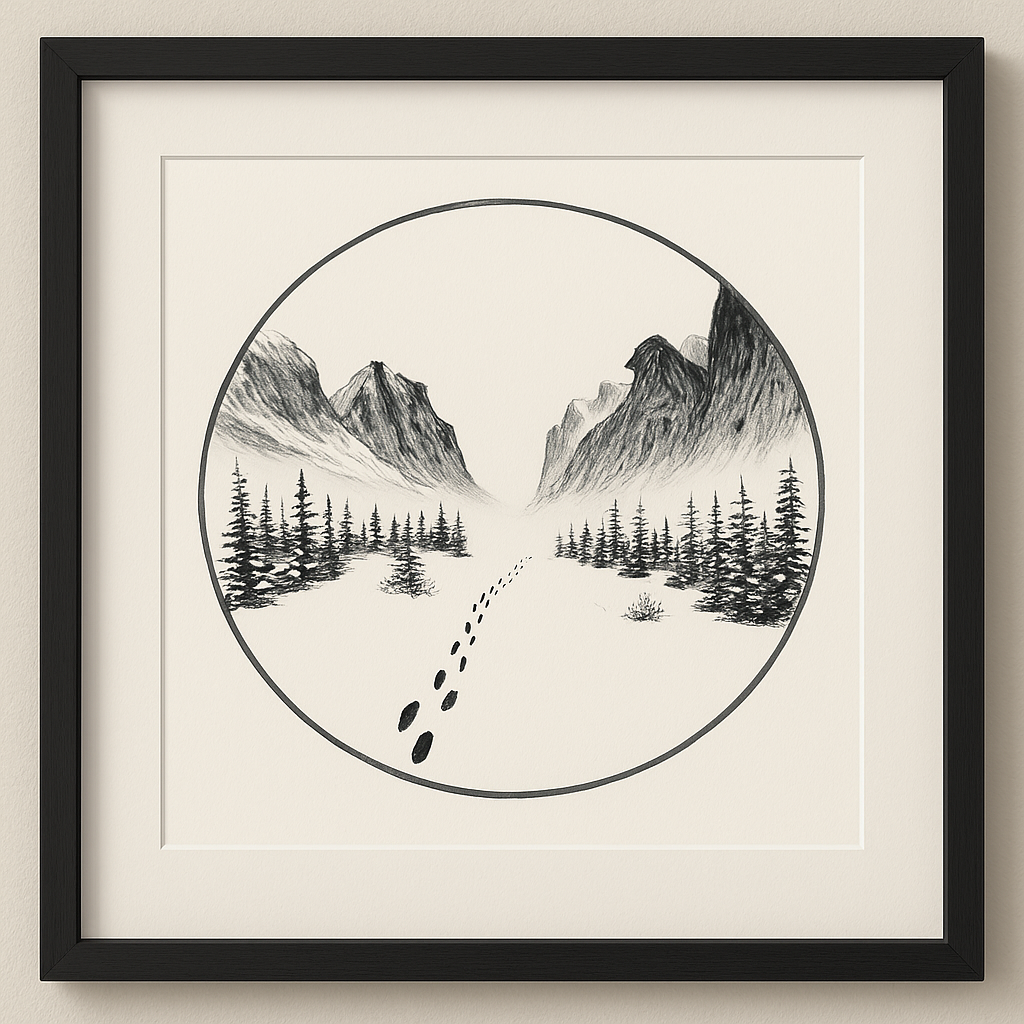 Illustration of a mountain landscape with trees and footprints in the snow, framed by a circle.