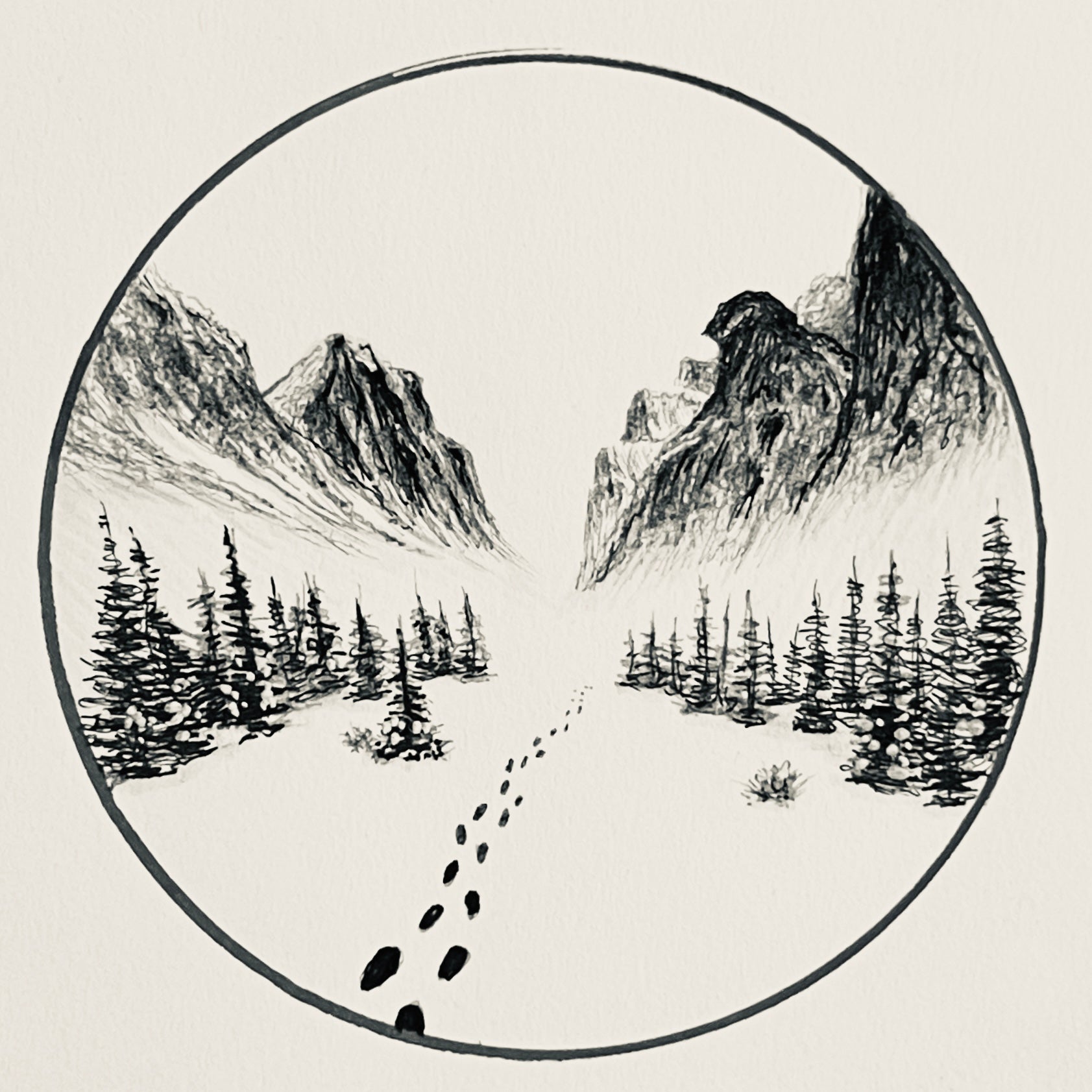 Illustration of a mountain landscape with trees and footprints in the snow, framed by a circle.