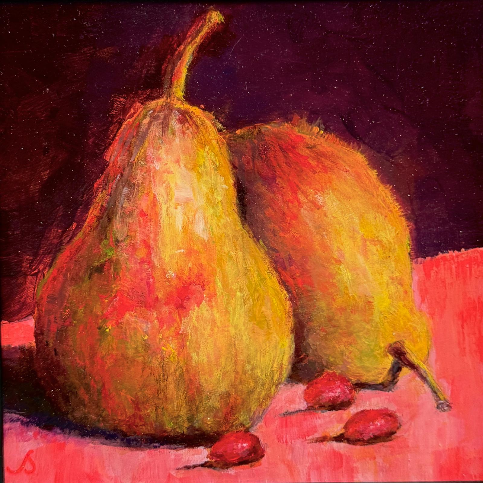 Oil painting of Two pears on a red surface with a dark background. 